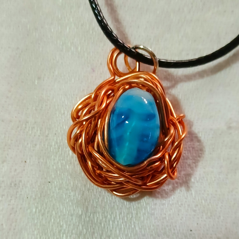 Handmade copper wired blue glass bead necklace pendant charm statement jewelry